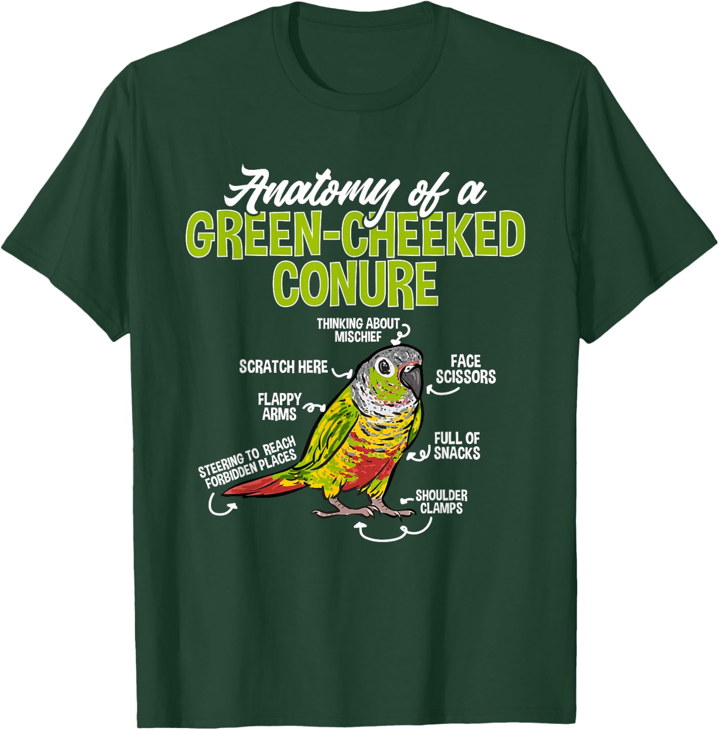 Green Cheek Conure Parrot Anatomy Of A Green-Cheeked Conure T-Shirt - T-Shirt | Forest