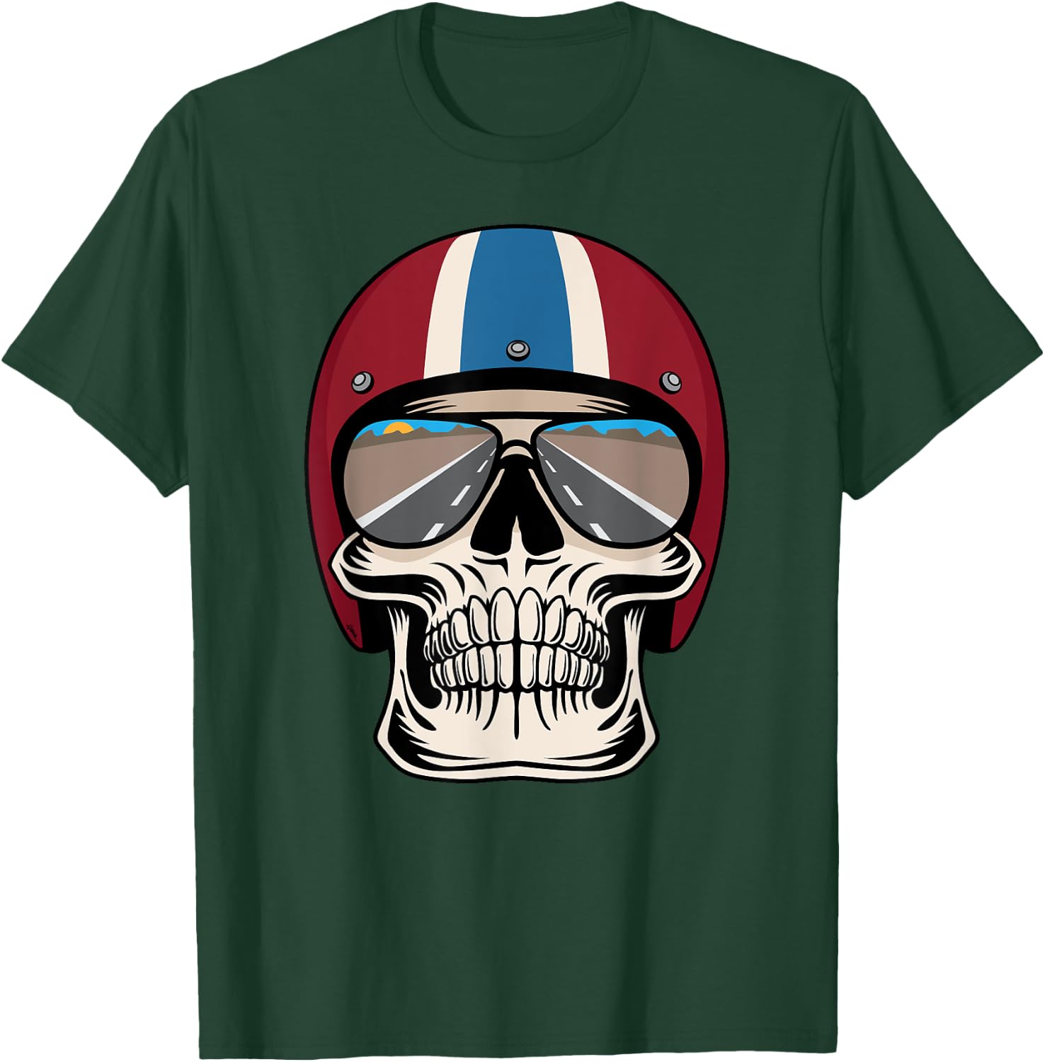 Retro Skull wearing Motorcycle Helmet and Sunglasses Design T-Shirt - T-Shirt | Forest