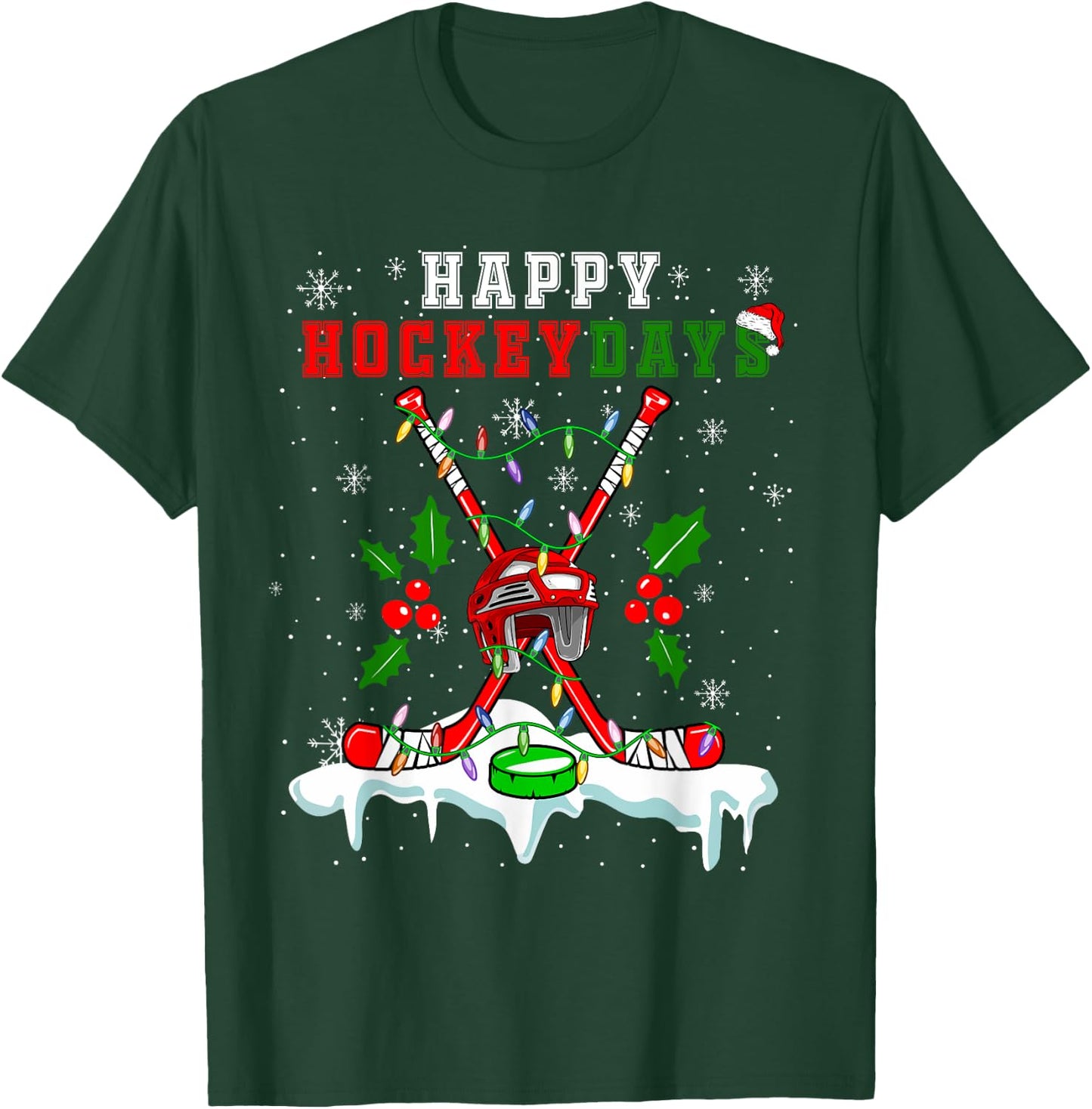 Happy Hockey Xmas Days Ice Hockey Equipment Player Family T-Shirt - T-Shirt | Forest