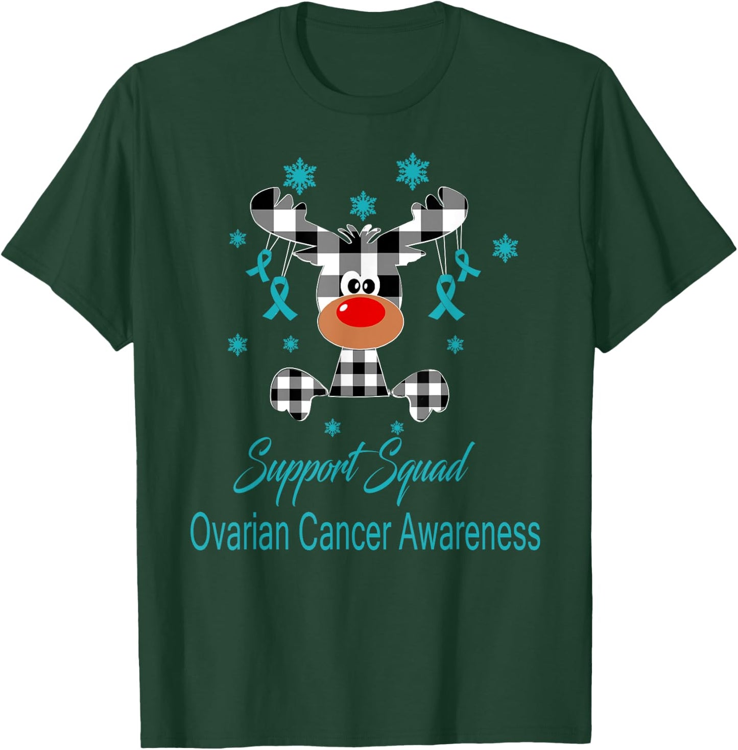 Ovarian Cancer Awareness Christmas Reindeer Teal Ribbon T-Shirt - T-Shirt | Forest