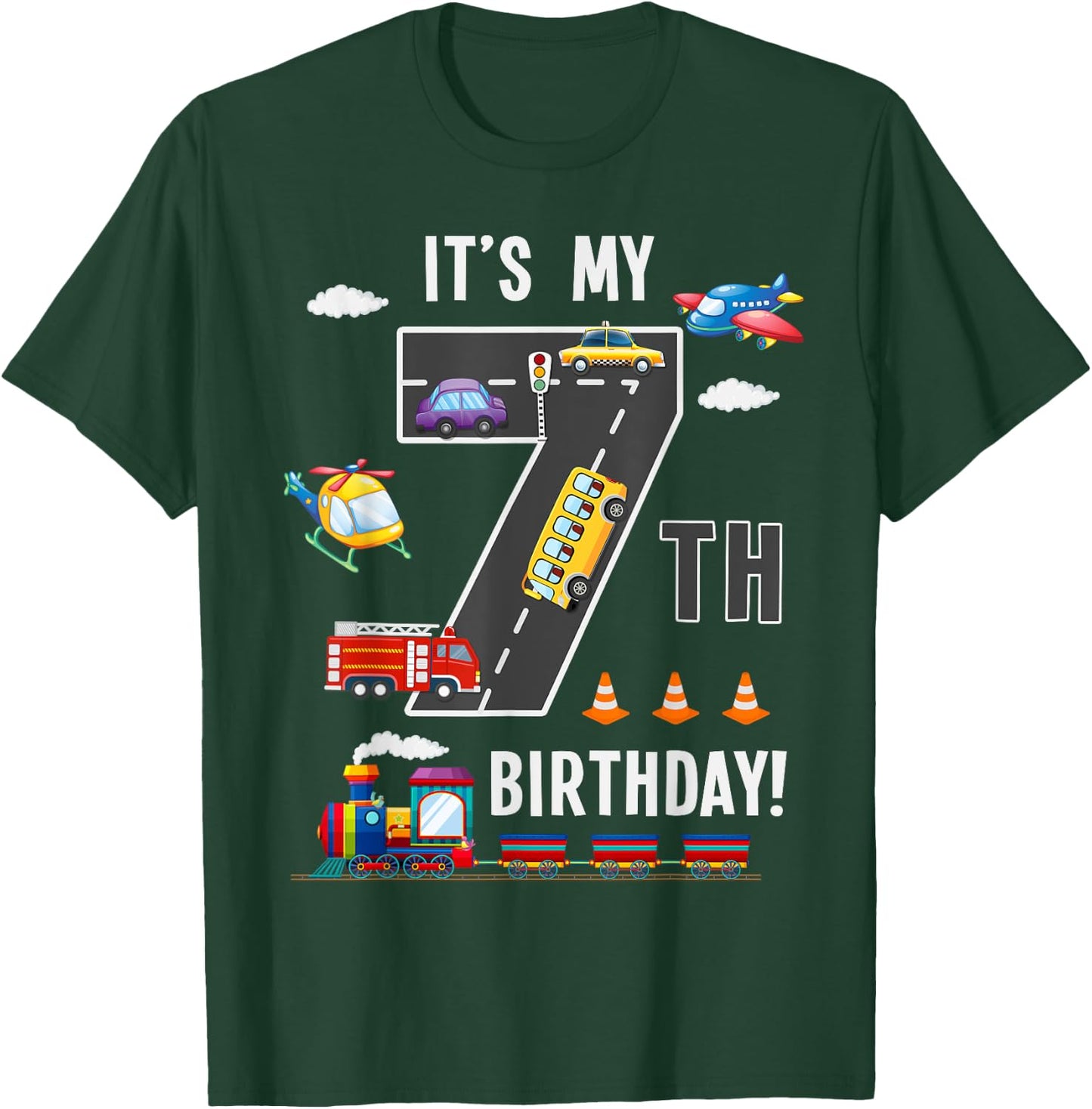 Its My 7th Birthday Boy 7 Bday Train Car Fire Truck Airplane T-Shirt - T-Shirt | Forest