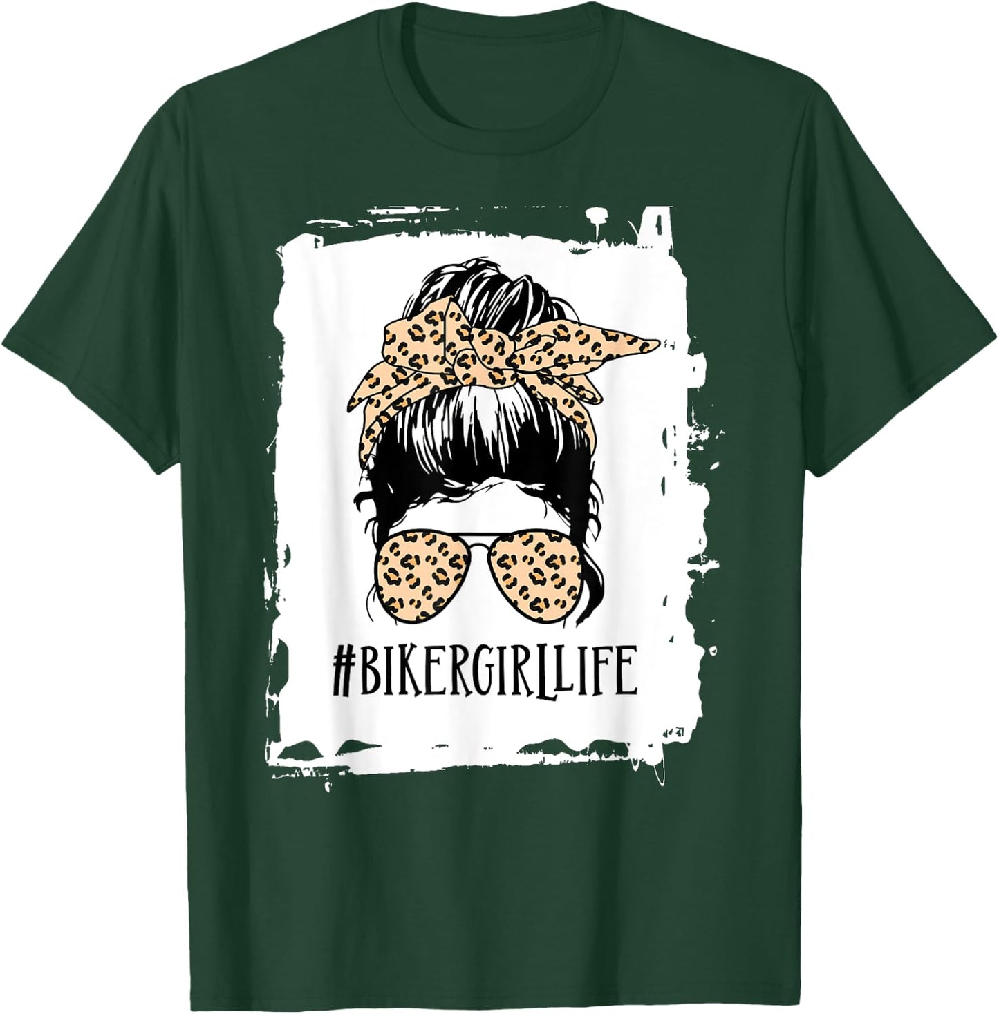 biker girl Life Messy Bun Leopard T-Shirt - T-Shirt | Forest