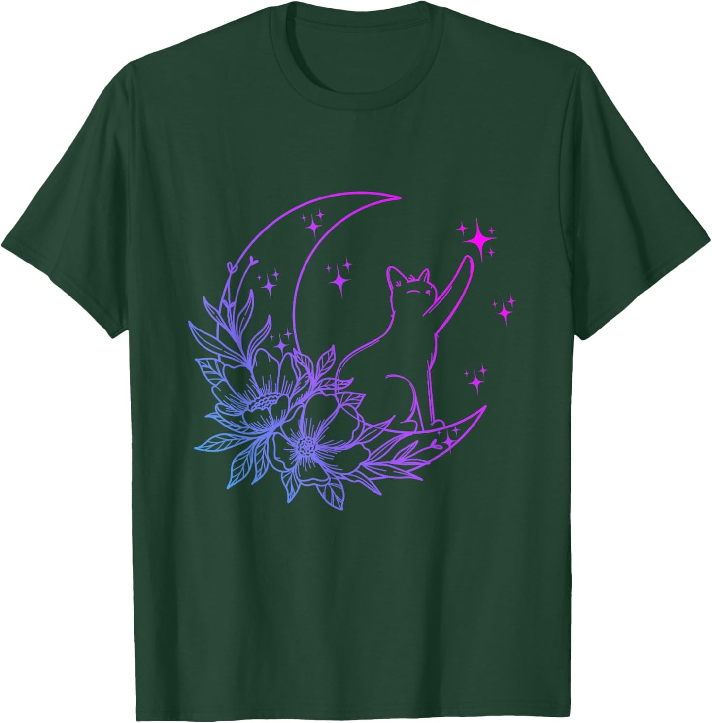 Cat Sitting On Crescent Moon Flowers Stars Women Girls Kids T-Shirt - T-Shirt | Forest