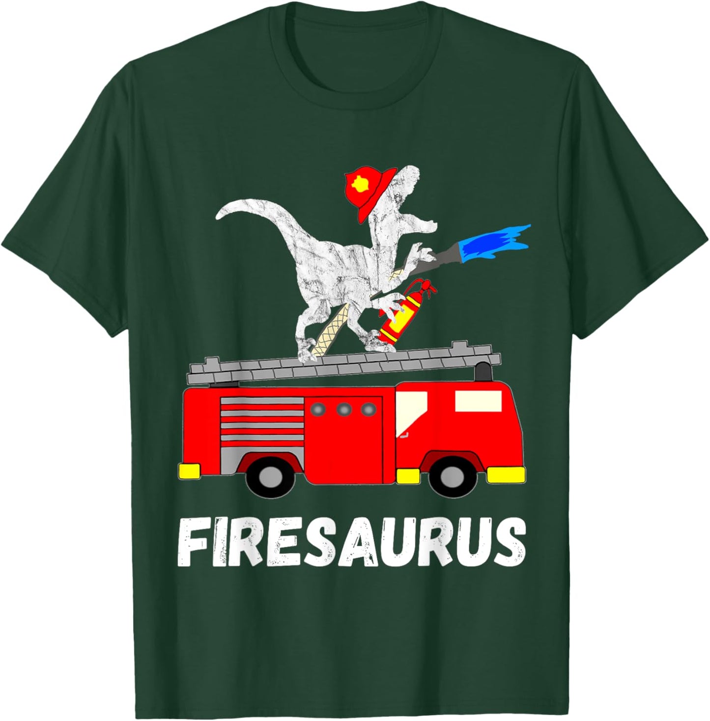 Fire Department Dinosaur Funny Fire Truck T-Shirt - T-Shirt | Forest
