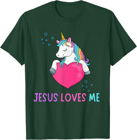 Kids Jesus Loves Me Christian Bible Girls Rainbow Unicorn T-Shirt - T-Shirt | Forest