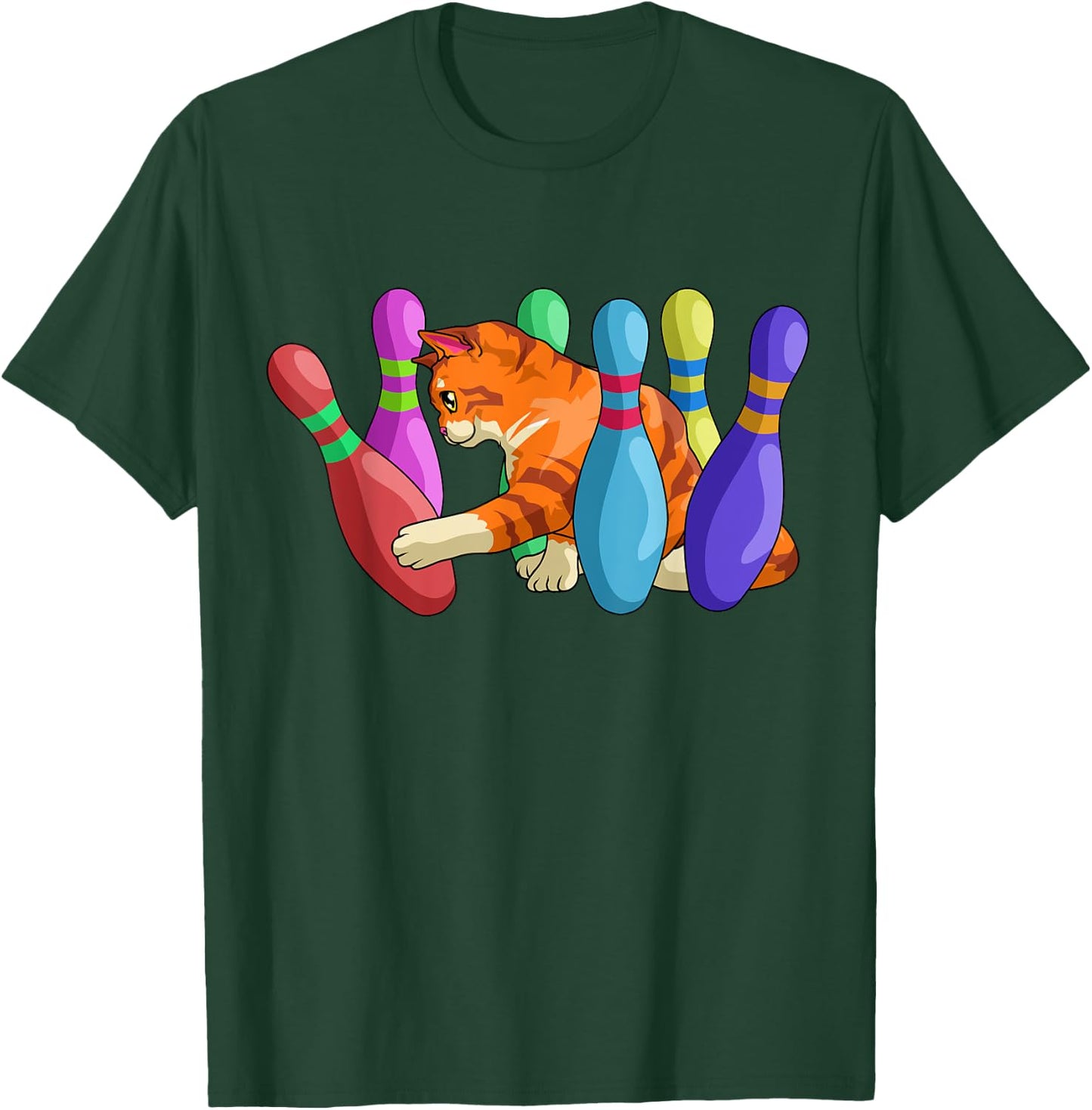 Cute Cat Knocking Over Bowling Pins Kitty Bowlers Cat Lovers Men Women Girls Kids T-Shirt - T-Shirt | Forest