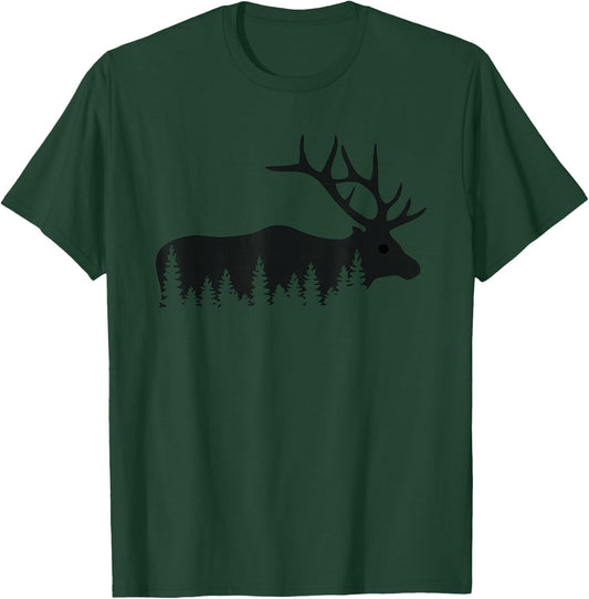 Elk Trees Silhouette Buck Deer Hunting Outdoors T-Shirt - T-Shirt | Forest