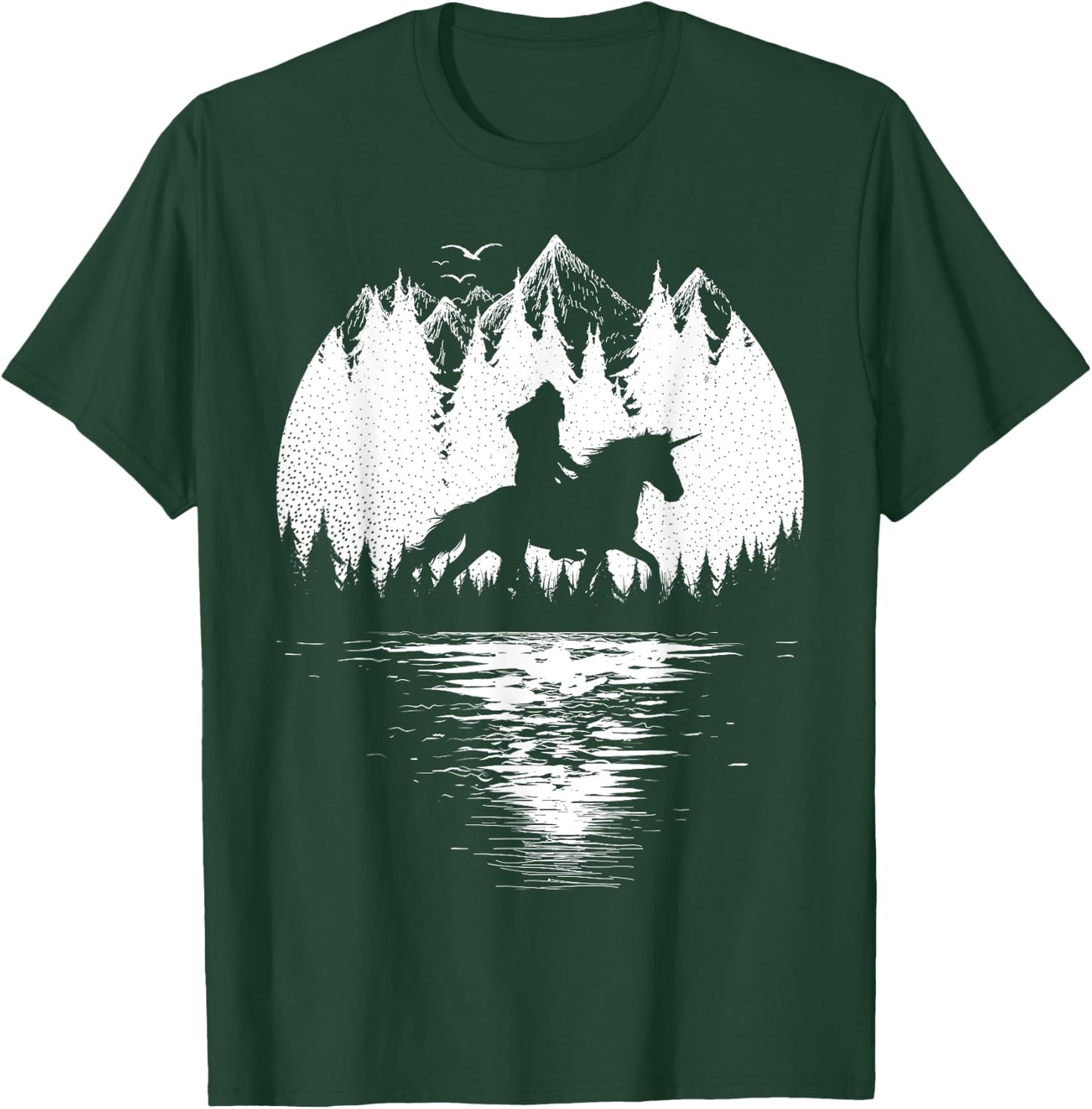 Bigfoot Riding Unicorn amidst Trees! Funny Sasquatch Unicorn T-Shirt - T-Shirt | Forest