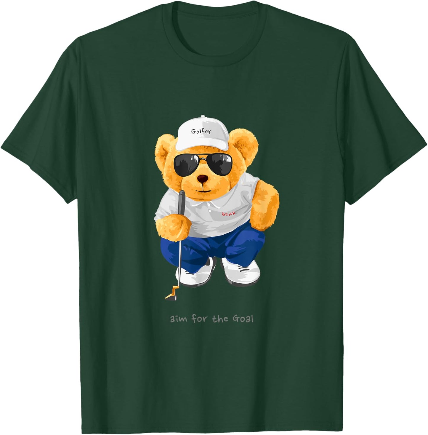 Cool Wild Teddy Bear Playing Golf Style Illustration Graphic T-Shirt - T-Shirt | Forest