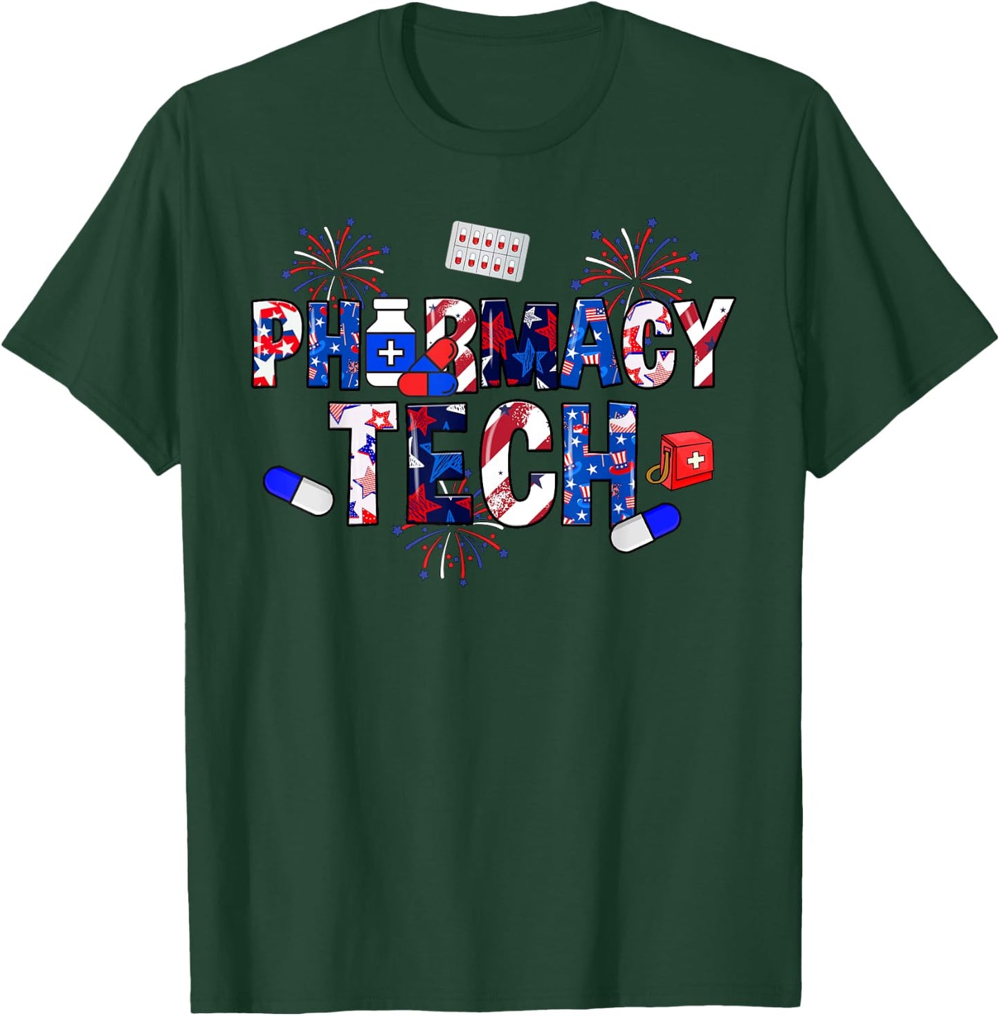 Pharmacy Tech Stethoscope USA Flag Patriotic 4th Of July Men T-Shirt - T-Shirt | Forest