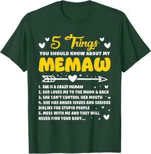5 Things You Should Know About My Memaw Funny Grandma T-Shirt - T-Shirt | Forest