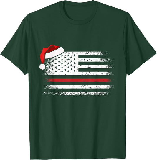 American Flag Firefighter Christmas Pajama Cool Xmas Fireman T-Shirt - T-Shirt | Forest