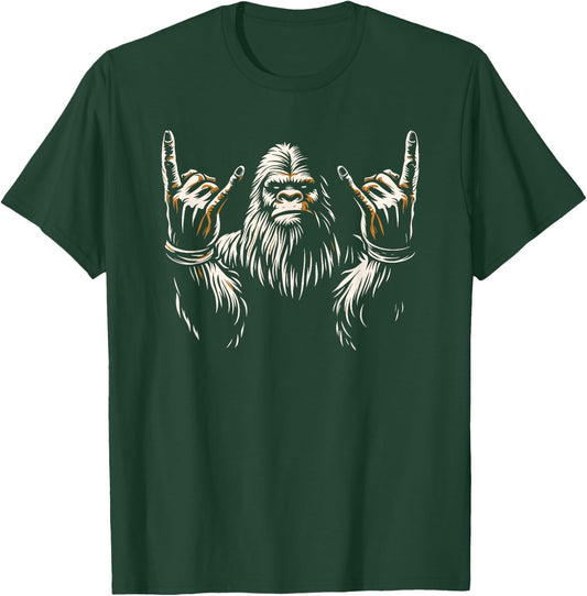 Bigfoot Rock On Sasquatch Rock and Roll Funny Rocker Graphic T-Shirt - T-Shirt | Forest