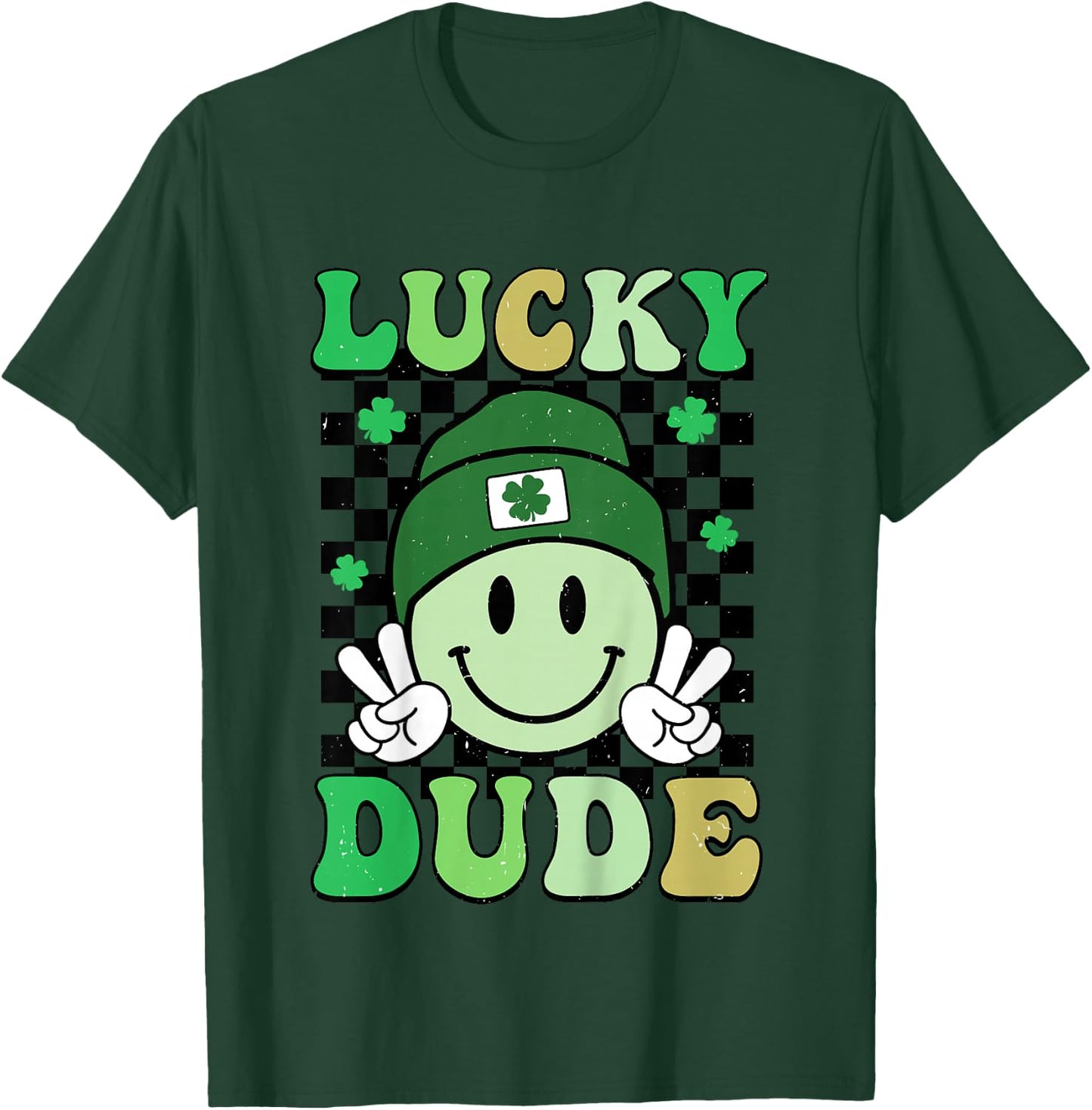 Kids Groovy Lucky Dude Shamrock Smile Boys Kids St. Patrick's Day T-Shirt - T-Shirt | Forest