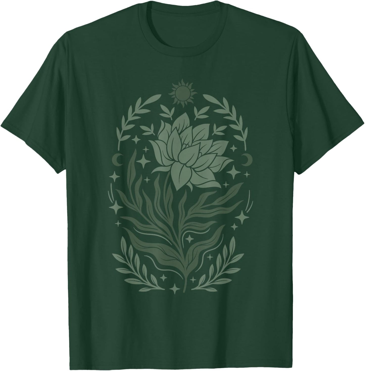 Sage & Green Flowers Sun Crescent Moon Boho Floral Celestial T-Shirt - T-Shirt | Forest