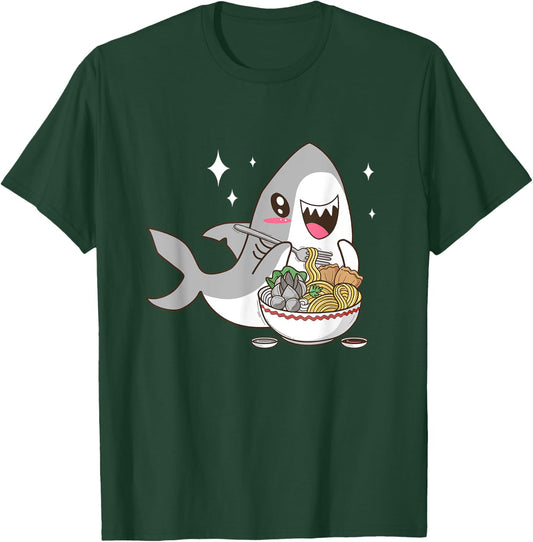 Cute Japanese Anime Chibi Kawaii Shark Eat Ramen Kids Girls T-Shirt - T-Shirt | Forest