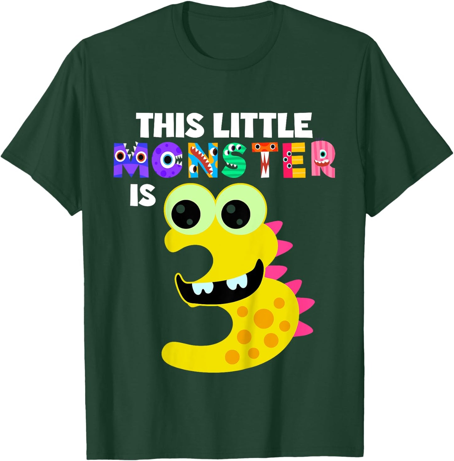Kids This Little Monster is 3 Three Years Old 3rd Birthday Party T-Shirt - T-Shirt | Forest