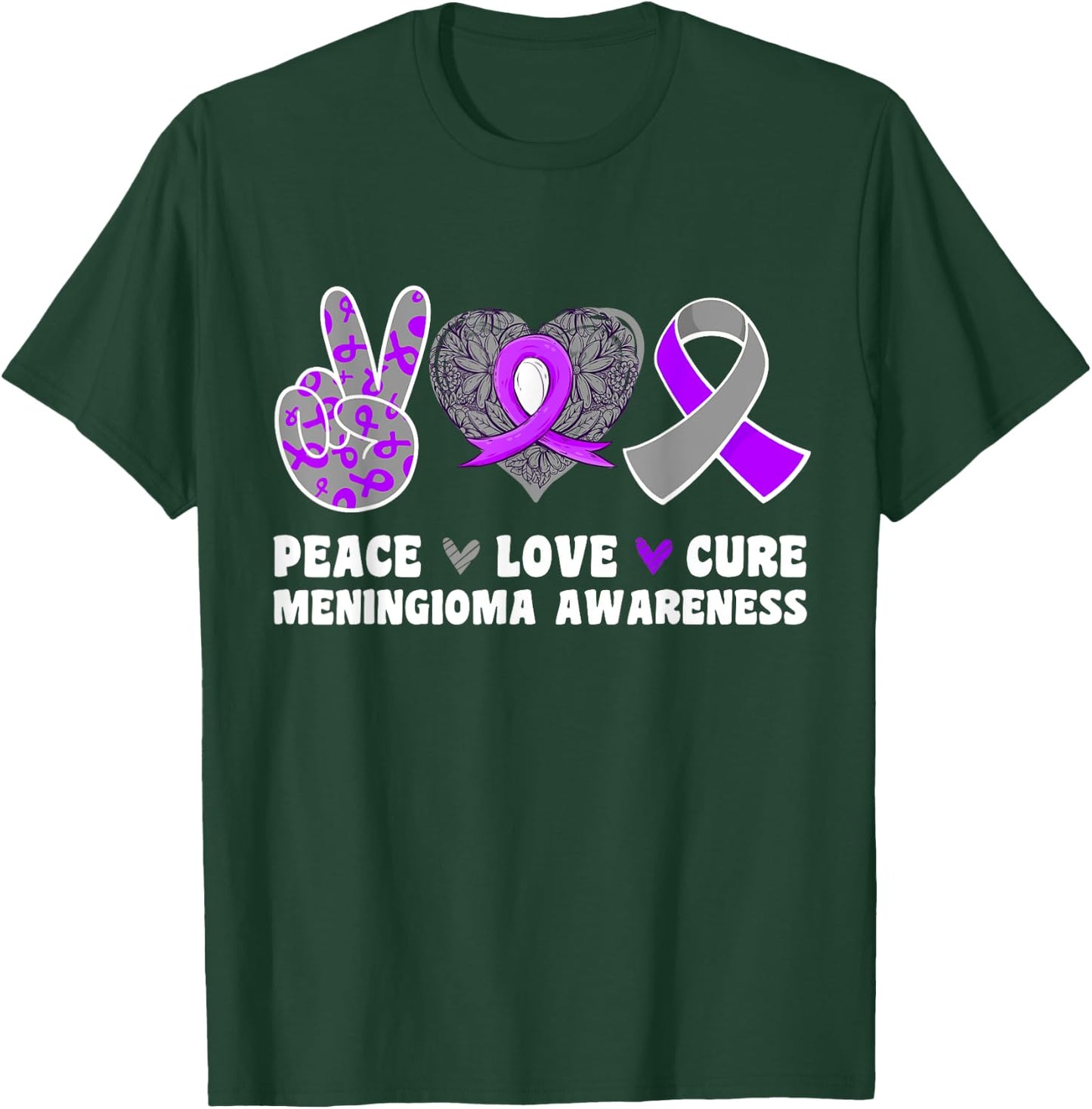 Peace Love Cure Meningioma Awareness Purple Gray Ribbon Hope T-Shirt - T-Shirt | Forest