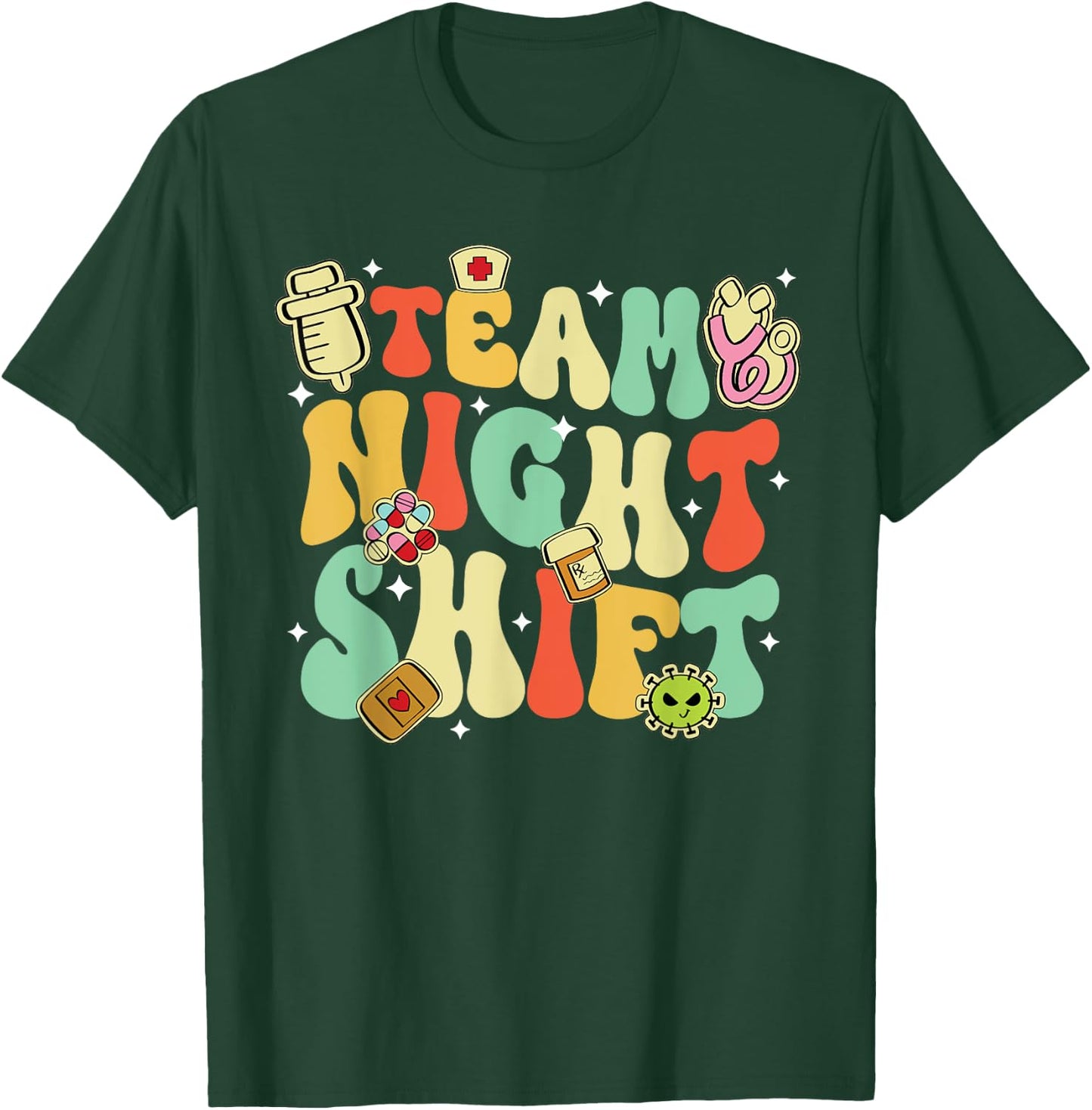 Team Night Shift Nurse Life RN LPN CNA Healthcare Heartbeat T-Shirt - T-Shirt | Forest