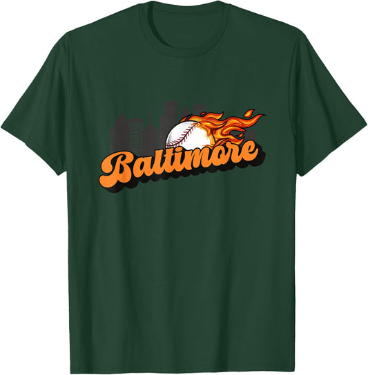 Baltimore Baseball Vintage City Skyline Retro Baseball Lover T-Shirt - T-Shirt | Forest
