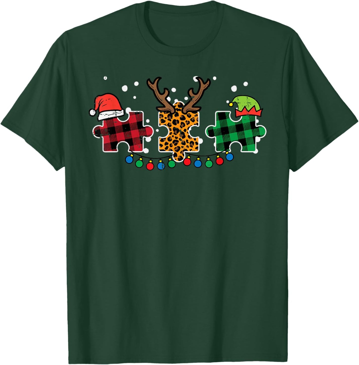 Christmas Leopard Plaid Puzzle Autism Xmas Men Women Kids T-Shirt - T-Shirt | Forest
