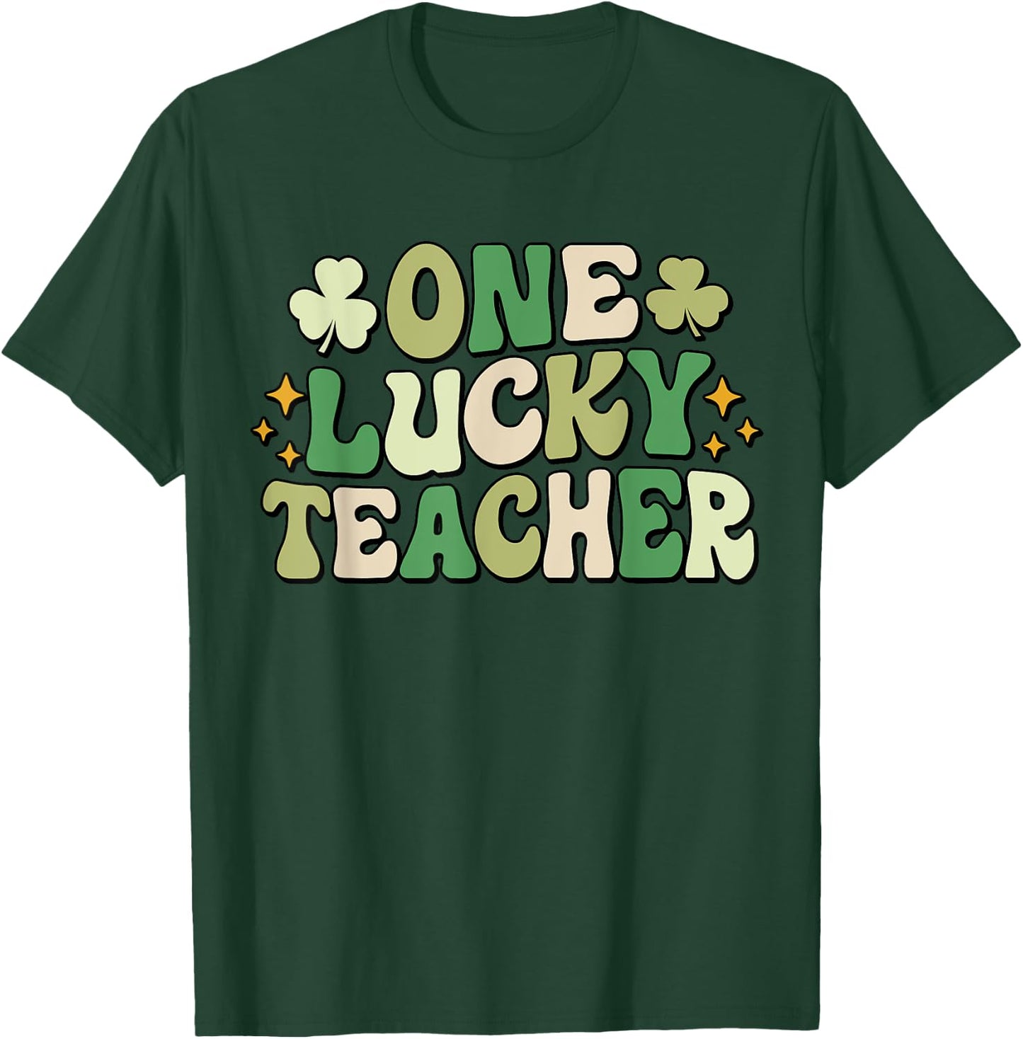 One Lucky Teacher Groovy Retro Teacher St Patrick's Day Men Women Girls Kids T-Shirt - T-Shirt | Forest