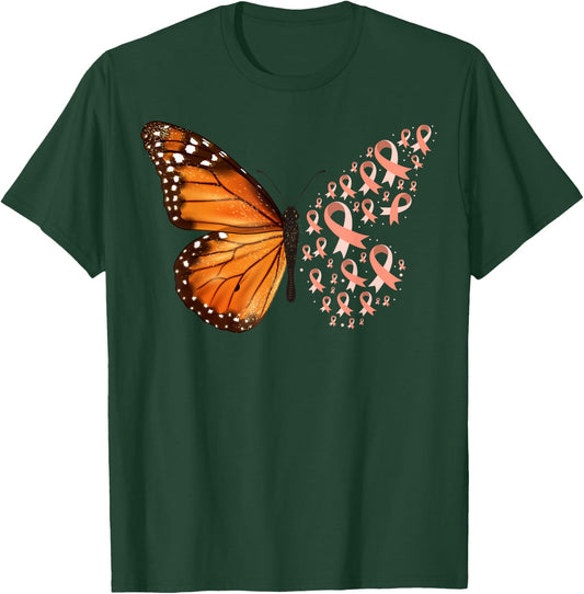 Endometrial Cancer Awareness Butterfly Peach Ribbon Month T-Shirt - T-Shirt | Forest
