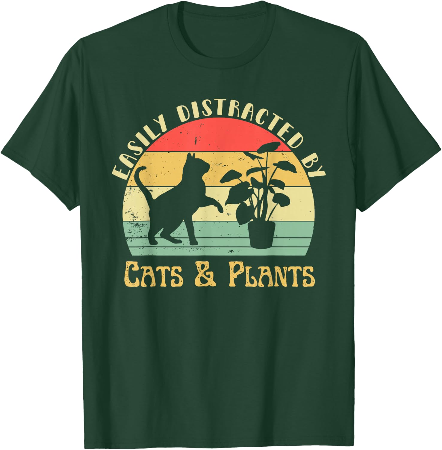 Retro Pet Cat Plant Lover Easily Distracted by Plants & Cats T-Shirt - T-Shirt | Forest