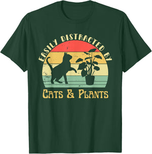 Retro Pet Cat Plant Lover Easily Distracted by Plants & Cats T-Shirt - T-Shirt | Forest