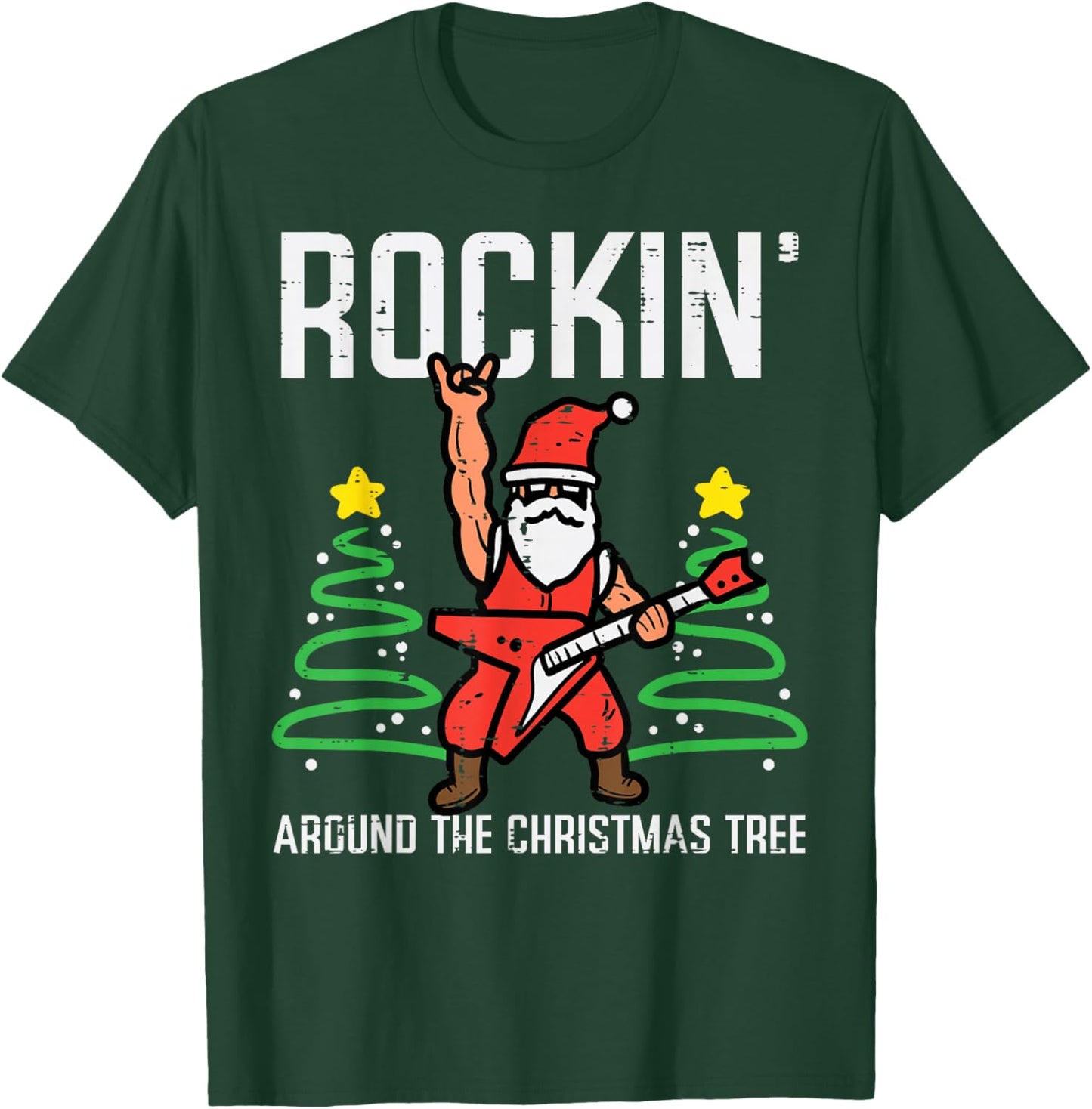 Santa Guitar Rockin Christmas Tree Funny Xmas Rocker Men Boy T-Shirt - T-Shirt | Forest