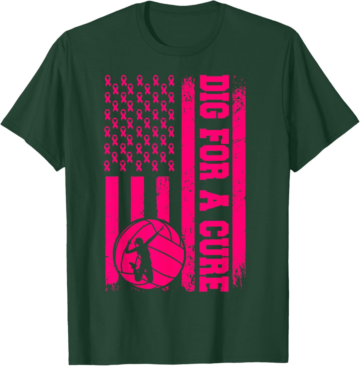 Dig For A Cure Breast Cancer Volleyball Pink American Flag T-Shirt - T-Shirt | Forest