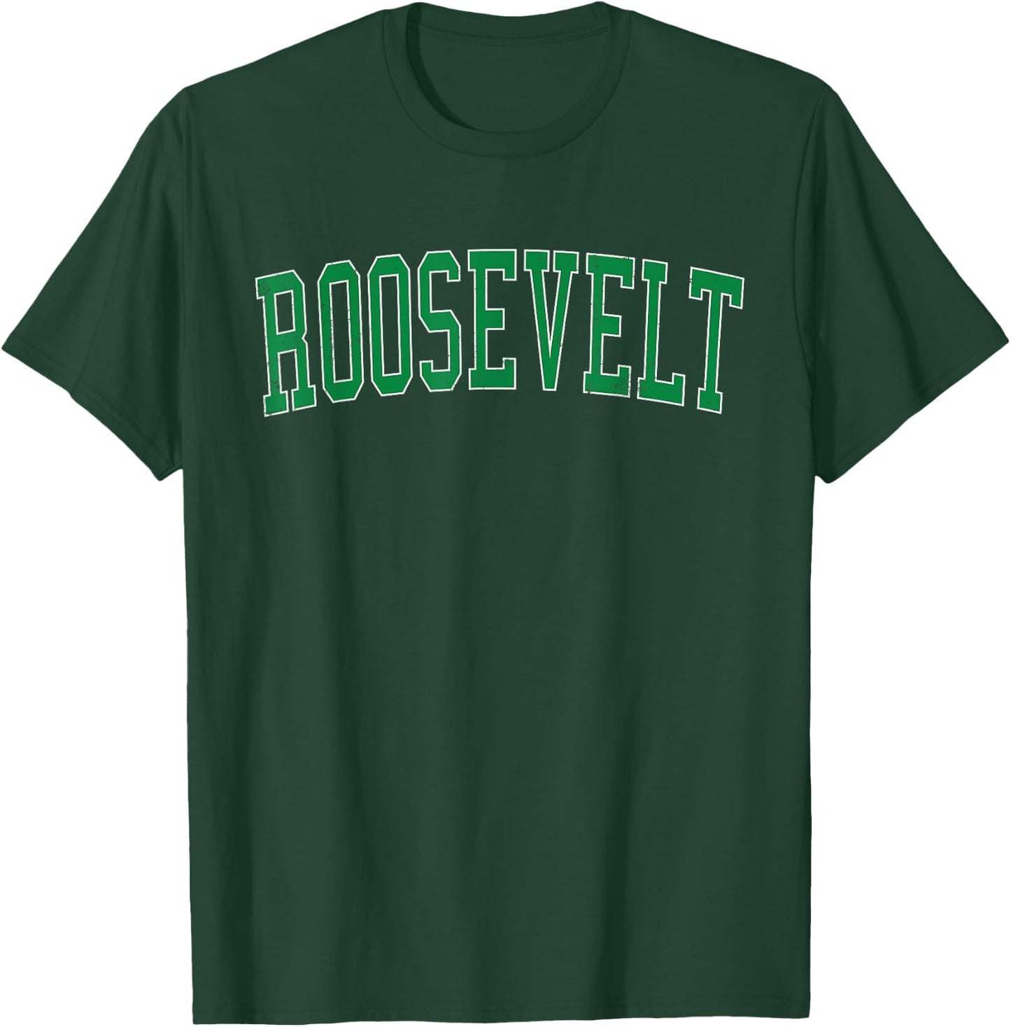 Vintage Roosevelt NY Distressed Green Varsity Style T-Shirt - T-Shirt | Forest