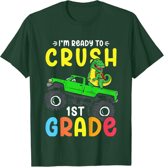 Kids I'm Ready To Crush 1st Grade Dino Monster Truck Boys T-Shirt - T-Shirt | Forest