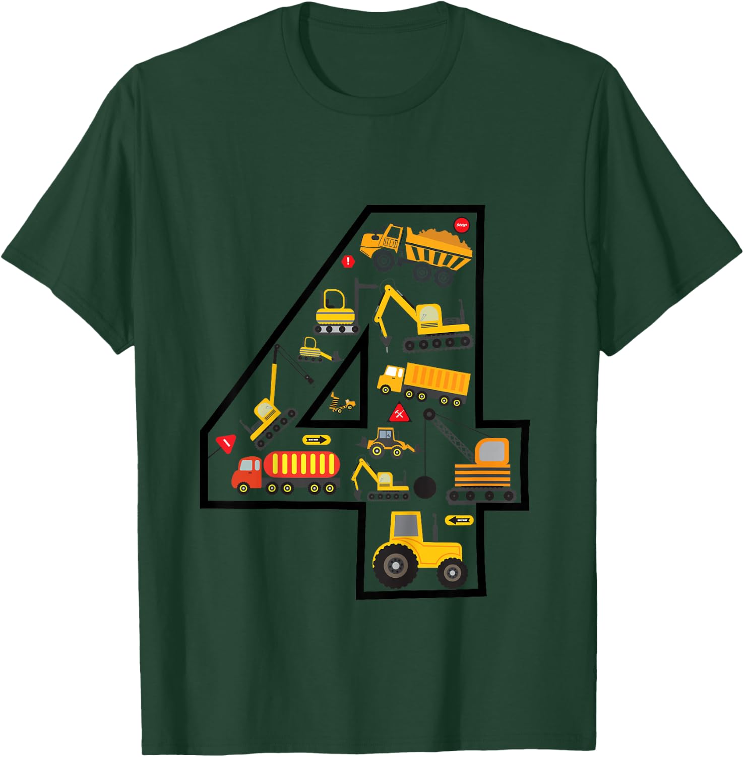 Kids Construction Truck 4th Birthday Boy Excavator 4 Years Digger T-Shirt - T-Shirt | Forest