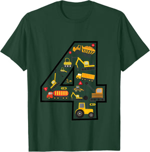 Kids Construction Truck 4th Birthday Boy Excavator 4 Years Digger T-Shirt - T-Shirt | Forest