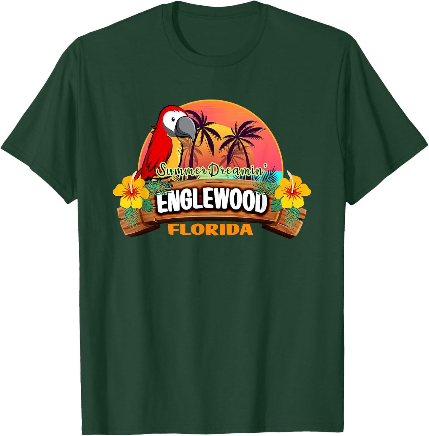Englewood Florida USA Tropical Beach Parrot Palm Trees Women Kids T-Shirt - T-Shirt | Forest