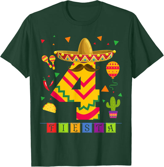 Kids 4th Birthday Fiesta Mexican Themed Party 4 Year Old Boy T-Shirt - T-Shirt | Forest