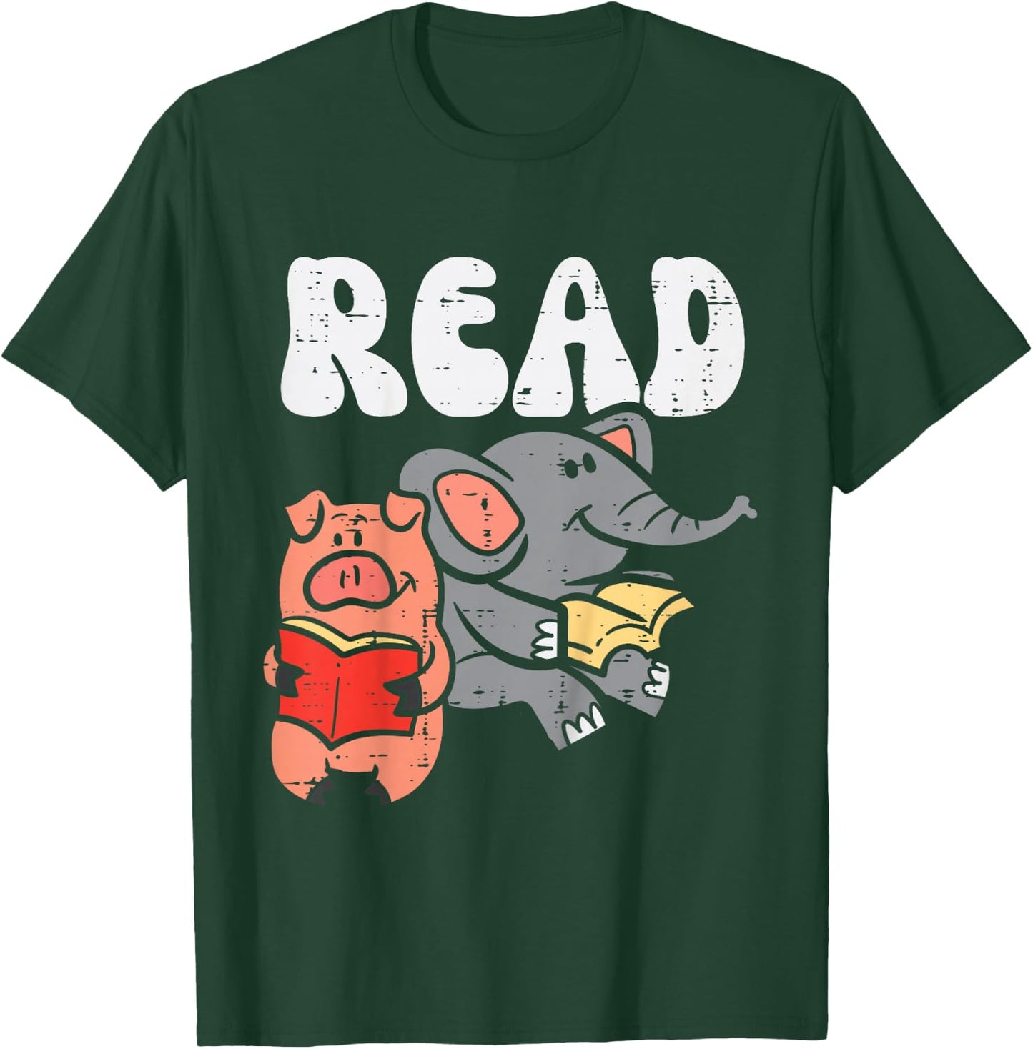 Pig Elephant Reading Cute Book Lover Bookworm Boys Girls Kid T-Shirt - T-Shirt | Forest