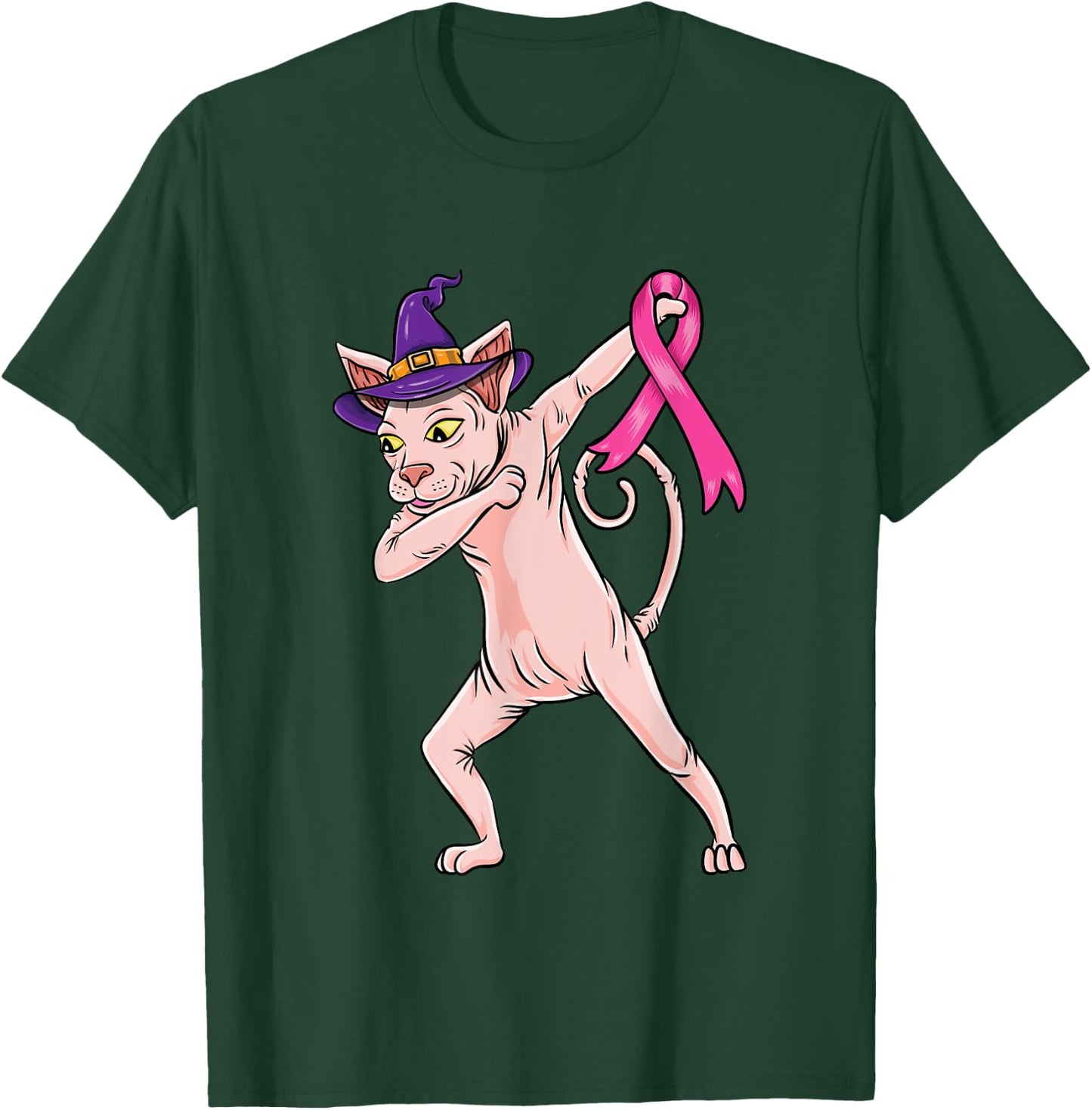 Dabbing Witch Sphynx Cat Breast Cancer Halloween T-Shirt - T-Shirt | Forest