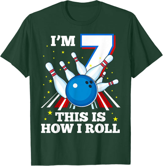 7th Birthday Bowling I'm 7 This Is How I Roll Funny B-Day T-Shirt - T-Shirt | Forest