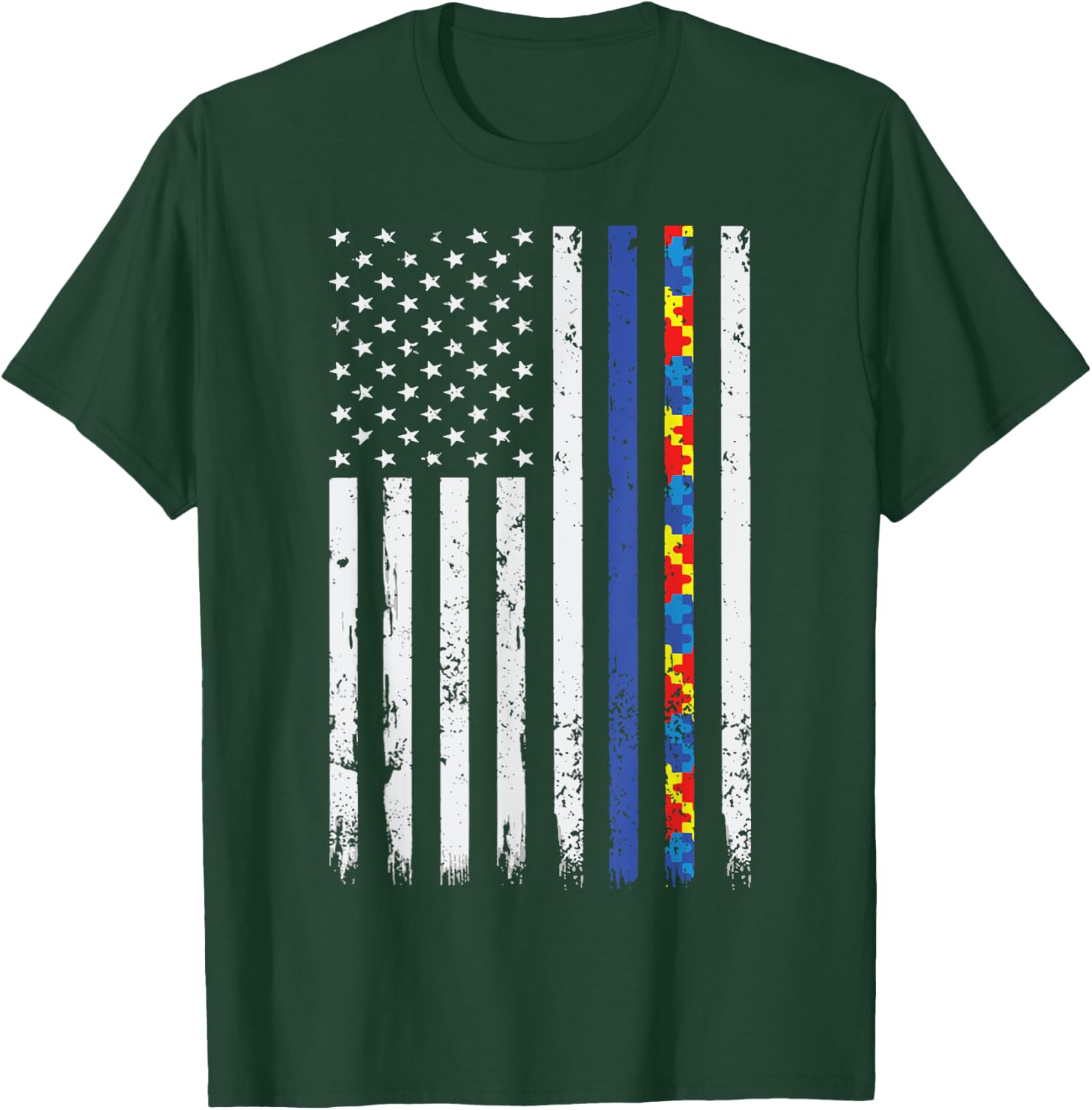 Thin Blue Line Police Support Autism 4th July T-Shirt - T-Shirt | Forest