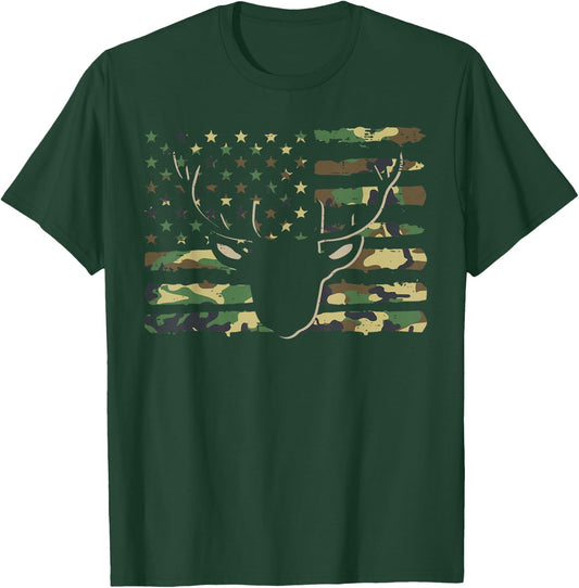 Camo US Flag Deer Hunting Vintage Hunter Men Women Kids Boys T-Shirt - T-Shirt | Forest
