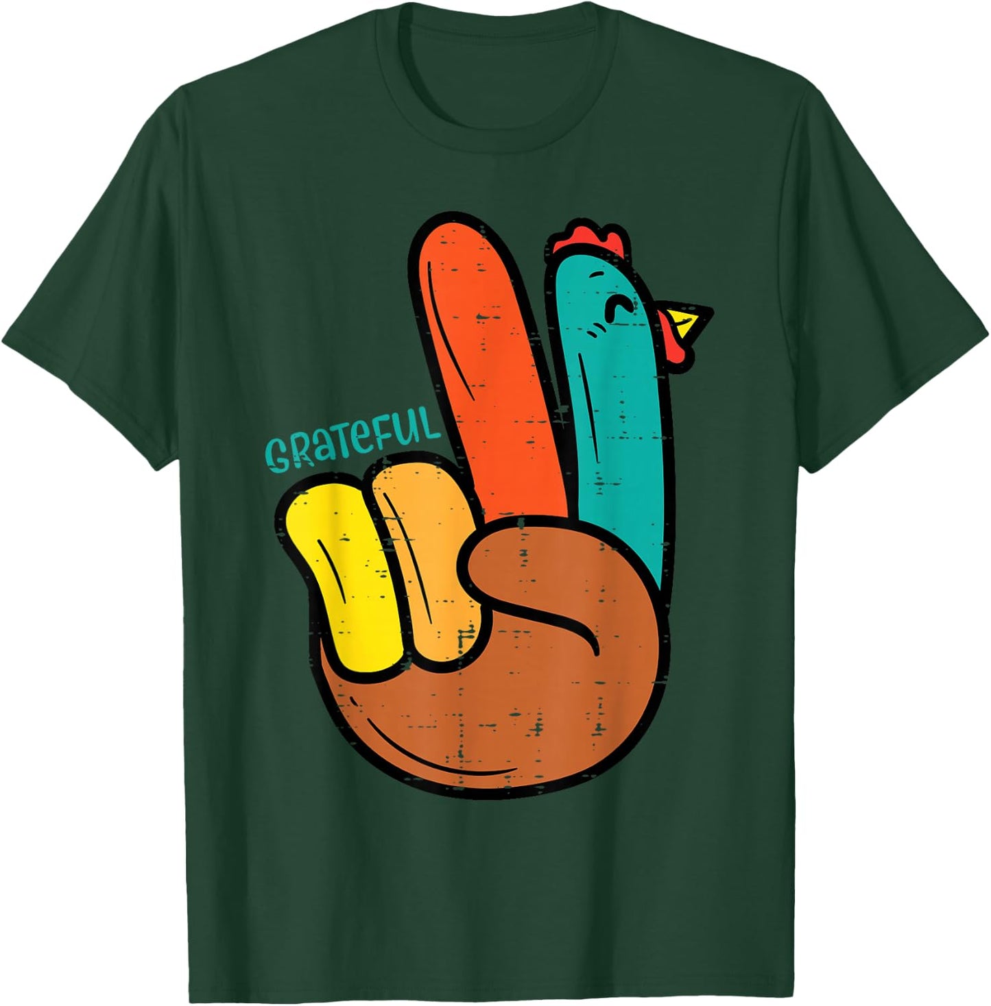 Peace Hand Turkey Grateful Thanksgiving Hippi Men Women Kids T-Shirt - T-Shirt | Forest