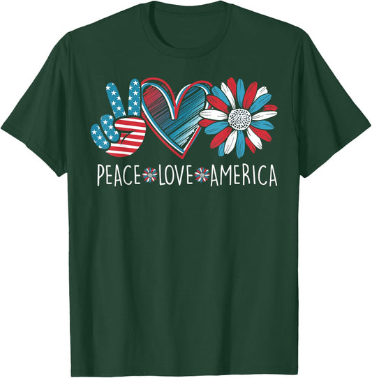 Peace Love America Daisy 4th July Patriotic US American Flag T-Shirt - T-Shirt | Forest
