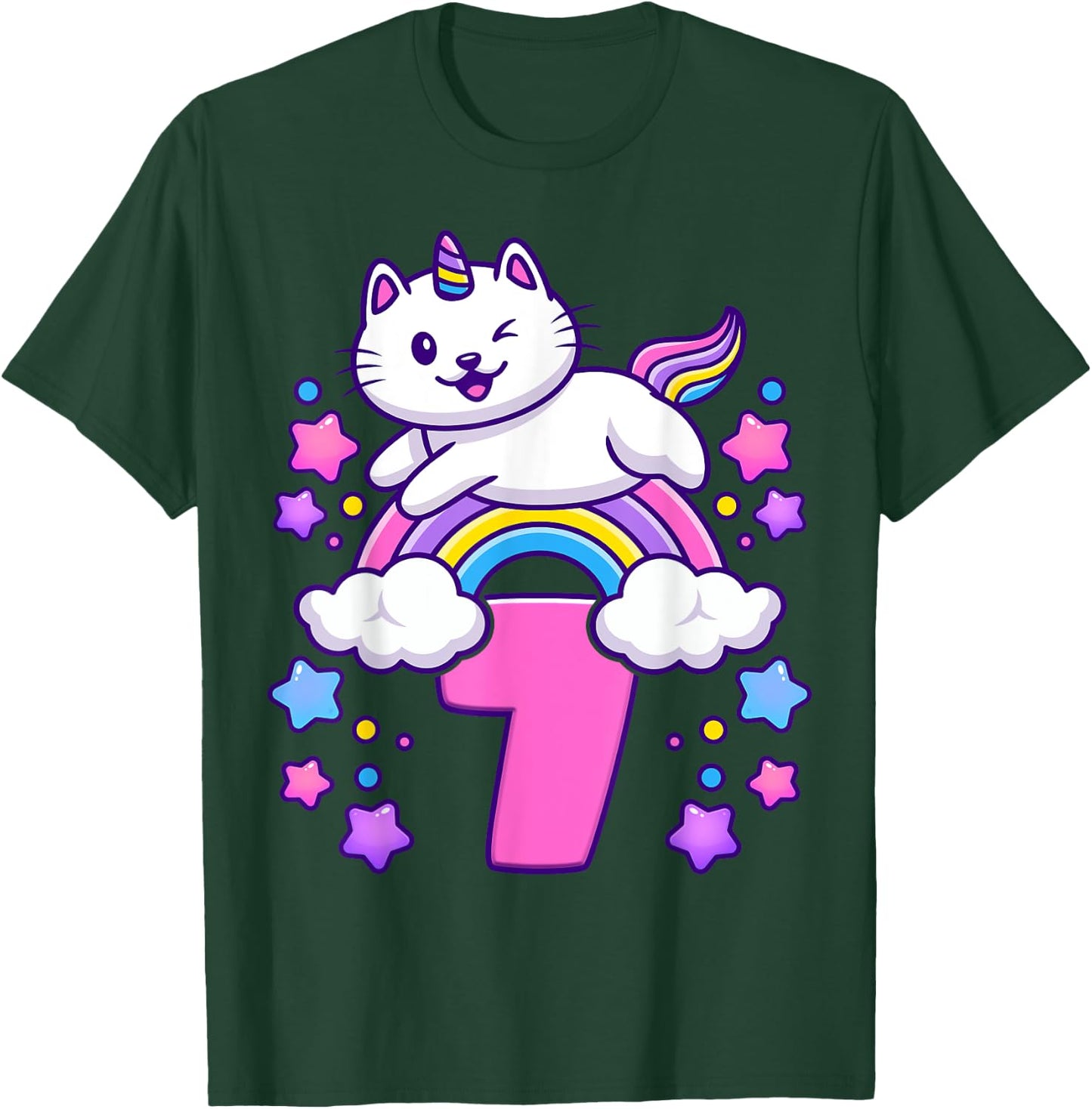 Birthday girl 7 years old, cat, unicorn, 7th birthday T-Shirt - T-Shirt | Forest