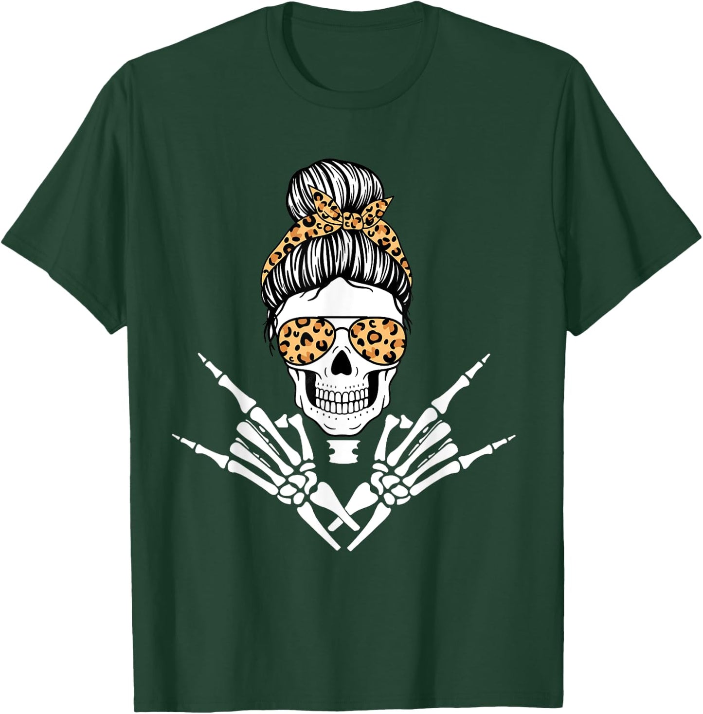 Rocker Skeleton Hand Rock On Leopard Messy Bun Halloween T-Shirt - T-Shirt | Forest