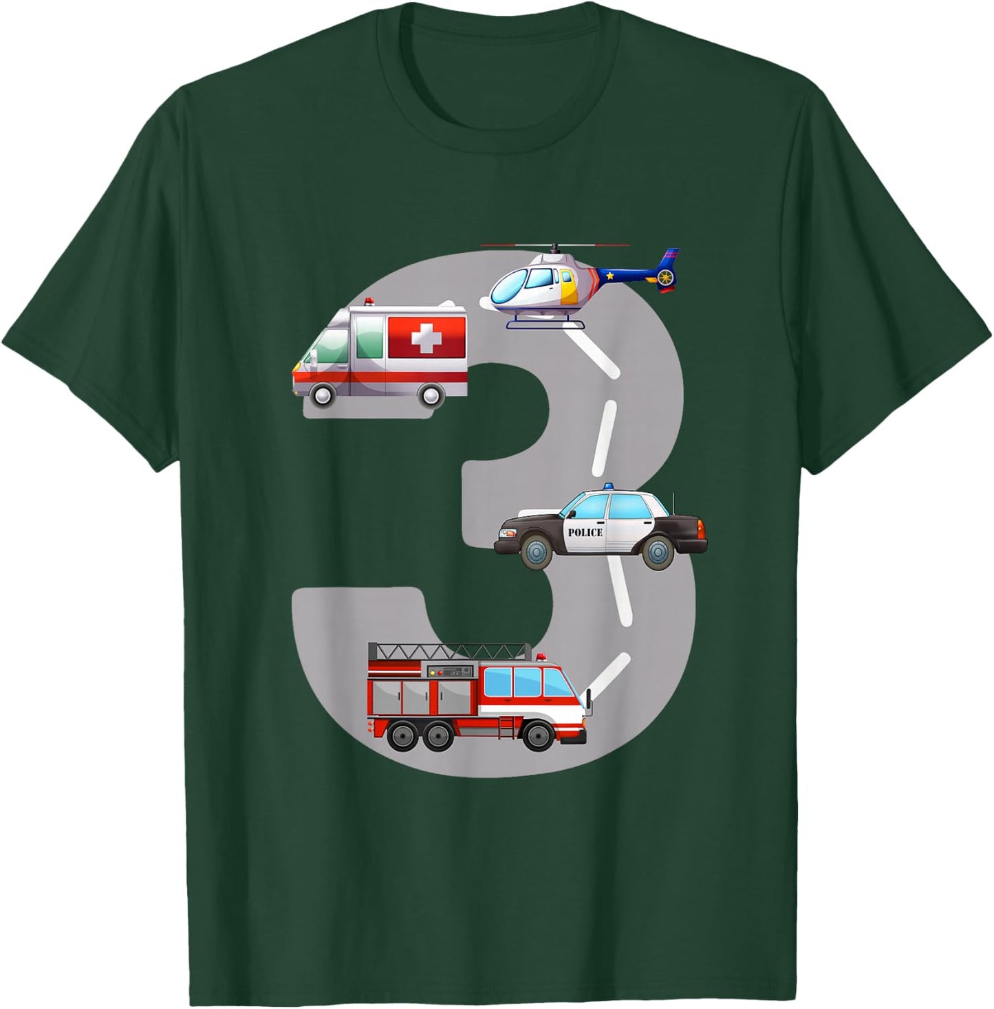 Emergency Vehicles 3rd Birthday Fire Truck Police Car Boys T-Shirt - T-Shirt | Forest