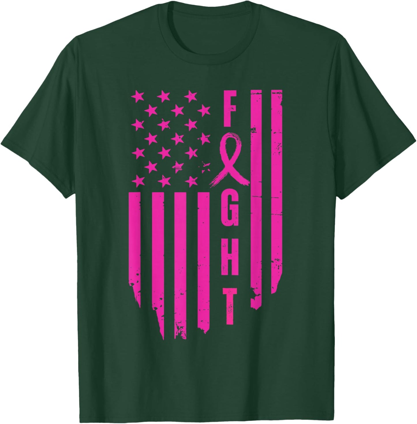 Fight Breast Survivor American Flag Breast Cancer Awareness T-Shirt - T-Shirt | Forest