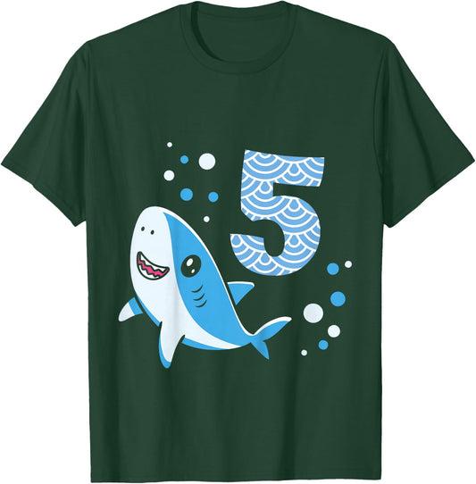 5th Birthday Boys Shark 5 years Old Ocean Shark B-day T-Shirt - T-Shirt | Forest