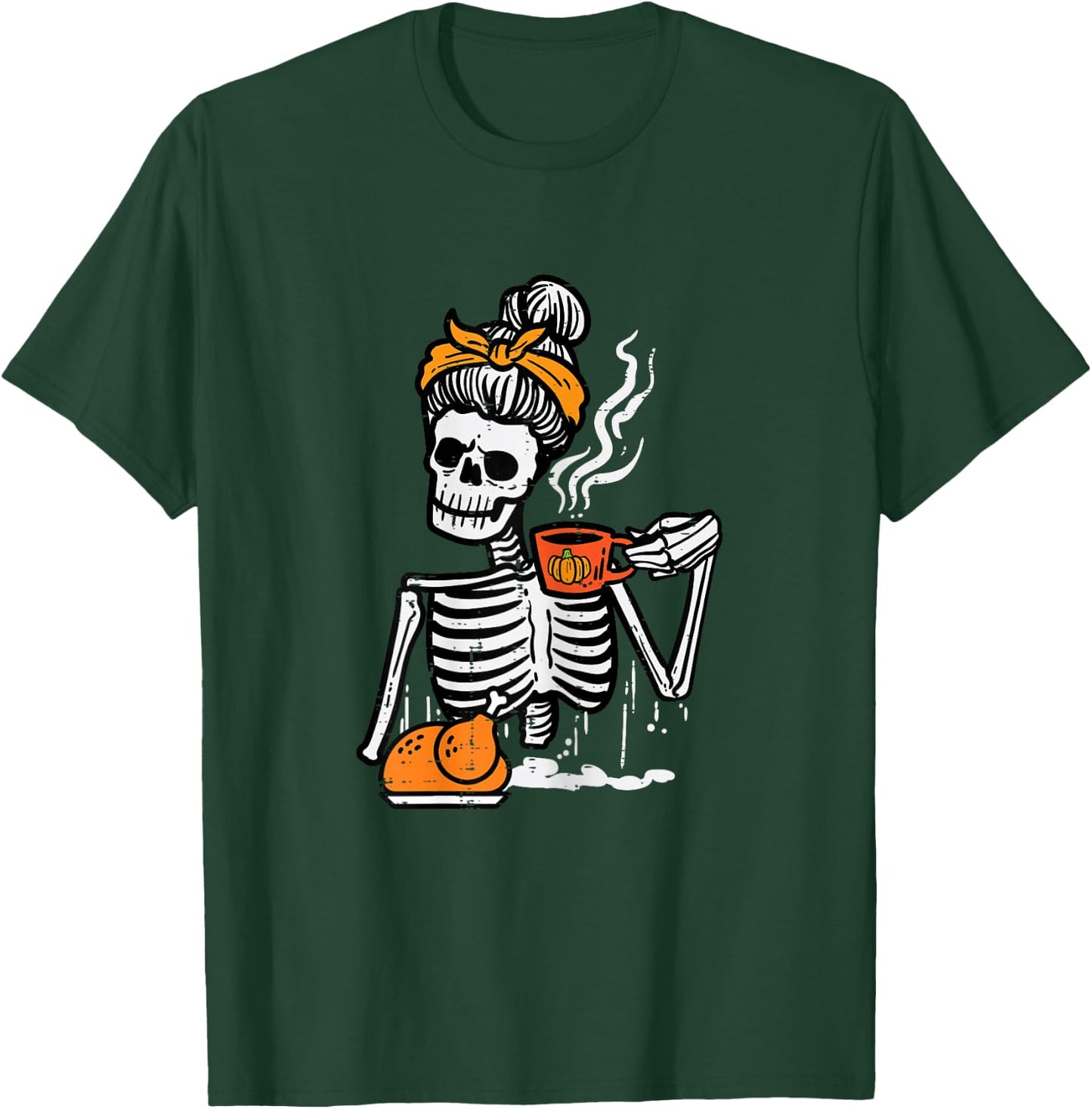 Thanksgiving Skeleton Messy Bun Pumpkin Coffee Women Girls T-Shirt - T-Shirt | Forest